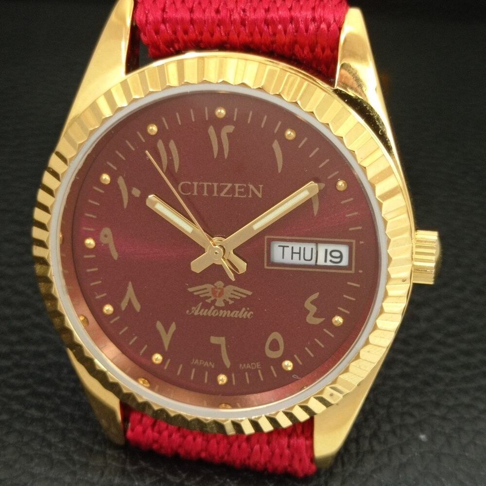 Vintage 1987 Citizen Automatic Mens Gold Watch W/daydate & Red accents - Picture 3 of 10